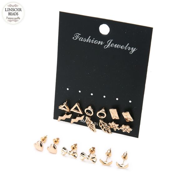 

linsoir 9 pairs/lot 9 style heart snowflake stud earrings sets 2019 new golden color alloy material earrings for women gift, Golden;silver