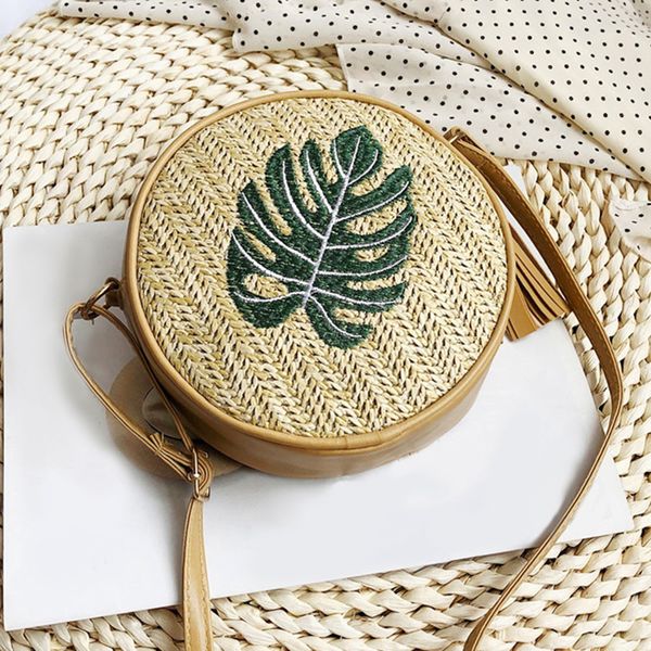 

easehut round straw bag for women leaves pineapple embroidered summer handmade shoulder bag beach circle bohemian crossbody