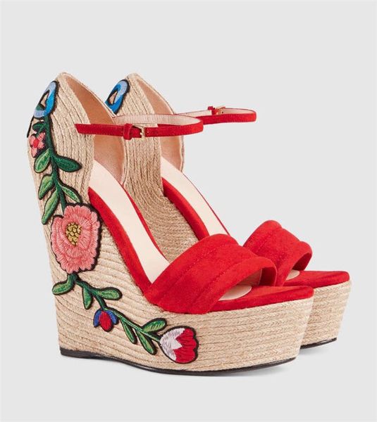

summer platforms shoes high heels women sandals ankle buckle strap embroidered flower wedges sandals thick heels t-show sandals, Black