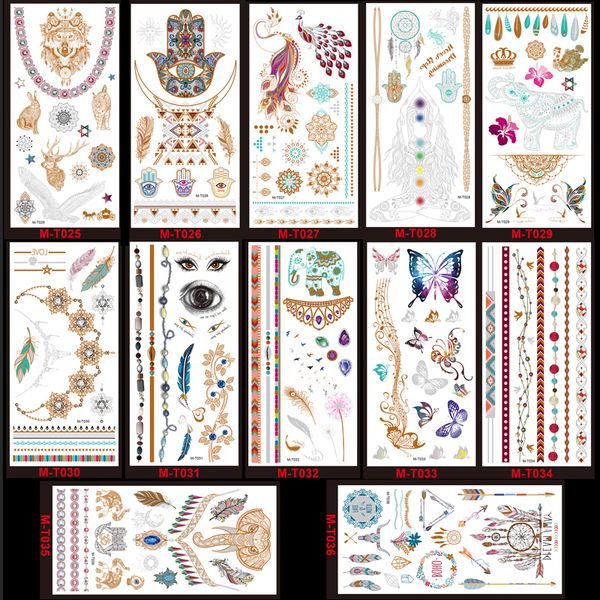 Acheter 1sheet Couleur Or Temporaire Flash Métal Autocollant De Tatouage Visage Ras Du Cou éléphant Beauté Papillon Plume Amour Femmes Henné Body Art