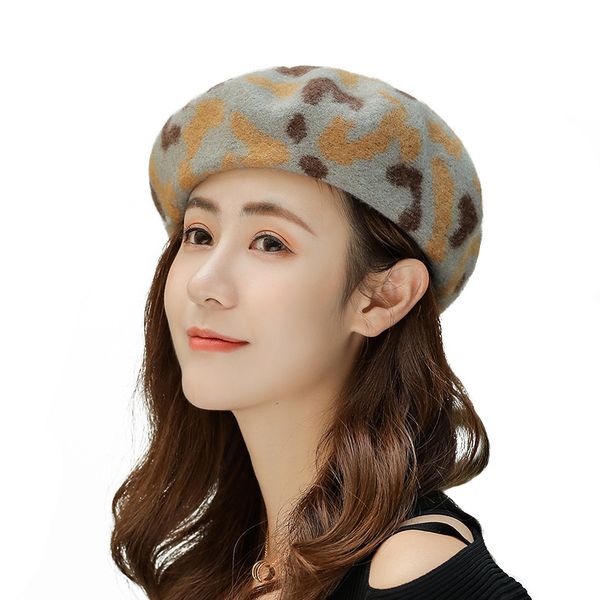 

sparsil women winter leopard beret hat wool female spring autumn retro warming flat cap casual painter artist beanies, Blue;gray