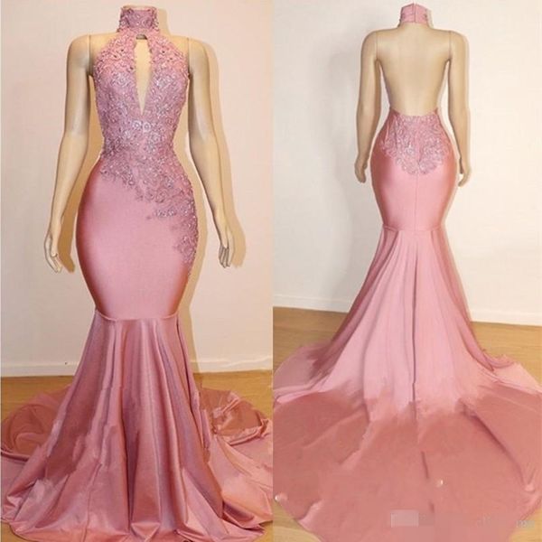 

2019 backless mermaid prom dresses high neck keyhole plunging lace applique beaded sweep train custom made long evening party gown, Black
