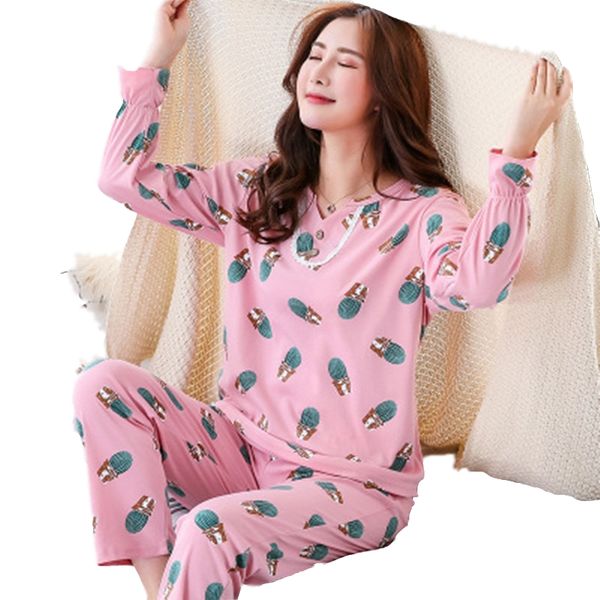 

2019 fashion sweet female pajamas set 100 % cotton soft print homewear clothing long sleeves mom pyjamas suit, Blue;gray