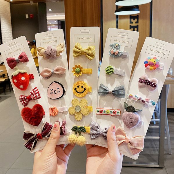 

5 pcs korean children simple cute cartoon fruit flowers bow duckbill clip fashion sweet princess baby hairpins hair accessories, Slivery;white
