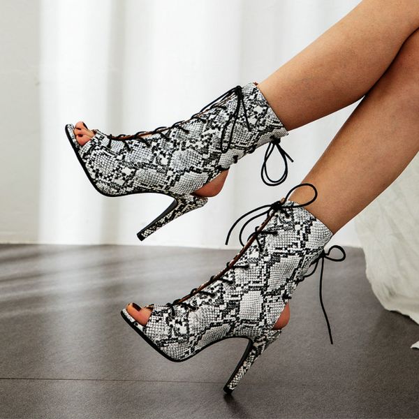 

snake print women high heel ankle boots sandals open toe summer heeled shoes lace-up slingback leopard heels yellow green, Black
