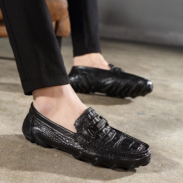 

men loafers genuine leather moccasins crocodile style footwear outdoor fashion slip on flat driving casual shoes classical male, Black