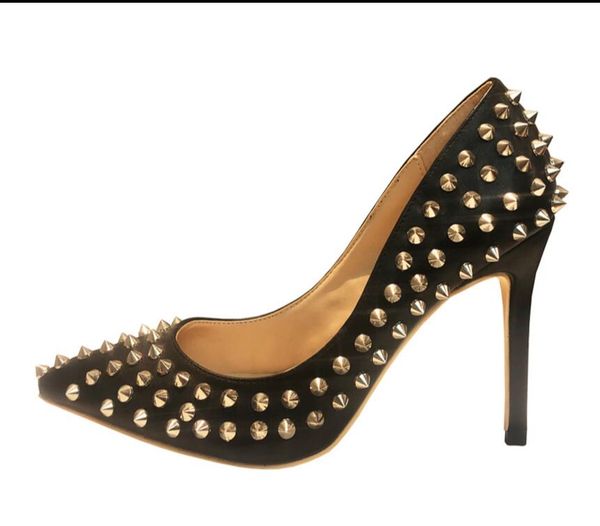 

nude patent leather rivet spikes poined toes high heels shoes women lady genuine leather wedding shoes pumps stiletto heels, Black