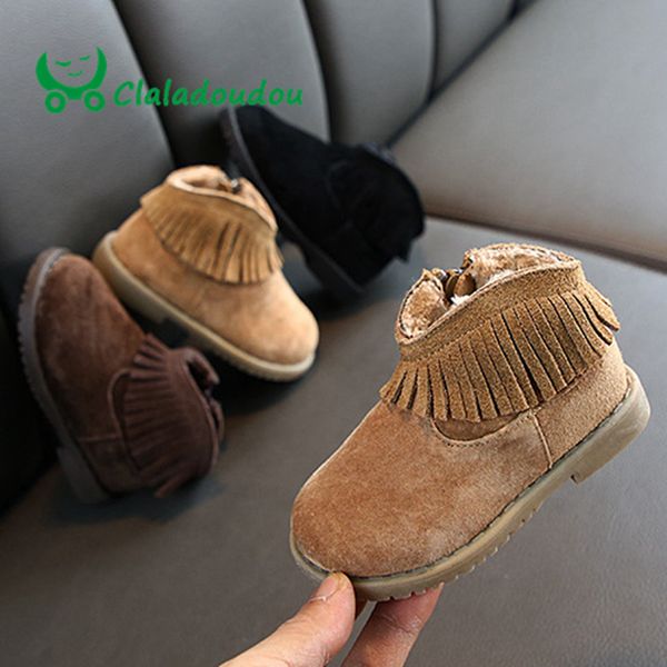 

claladoudou 12-14cm brand genuine leather baby girls boys snow boots fringe princess boots for kids child toddler winter shoes, Black;grey