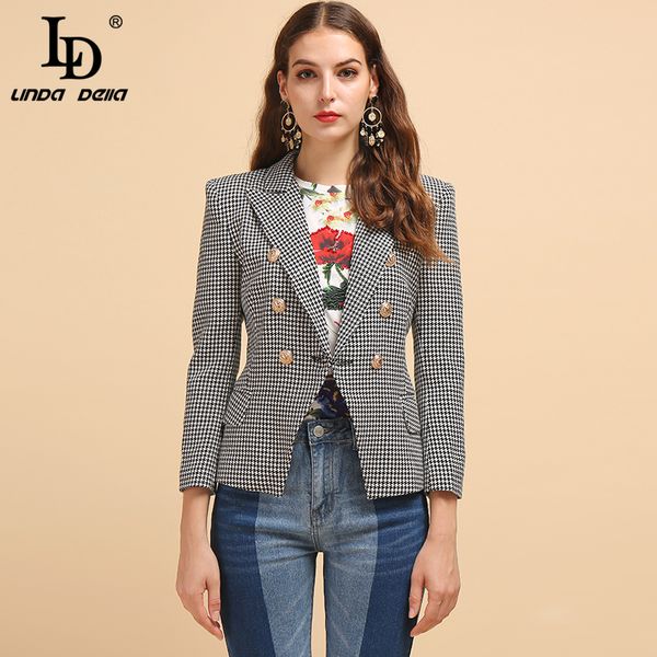 

ld linda della 2019 fashion runway autumn blazer women's long sleeve plaid printed button elegant casual office lady blazer, White;black