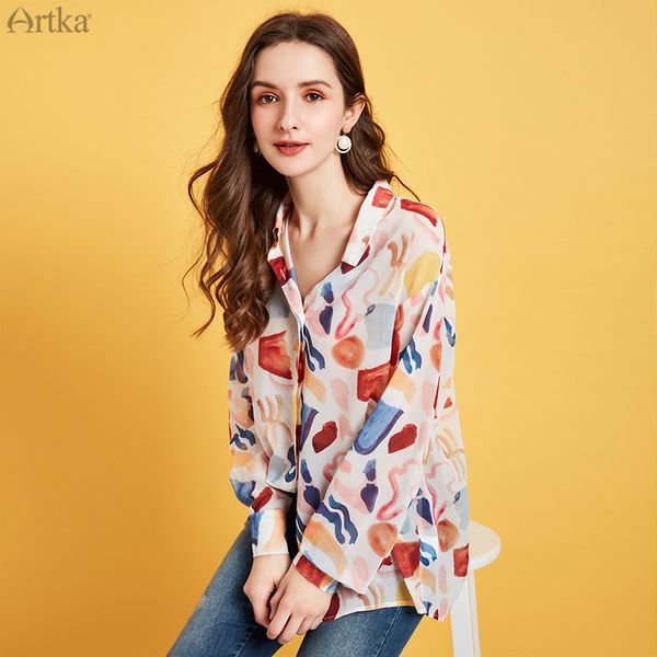 

artka 2020 spring new women's blouse fashion vintage print chiffon shirt turn-down collar loose chiffon blouse women sa20807c, White