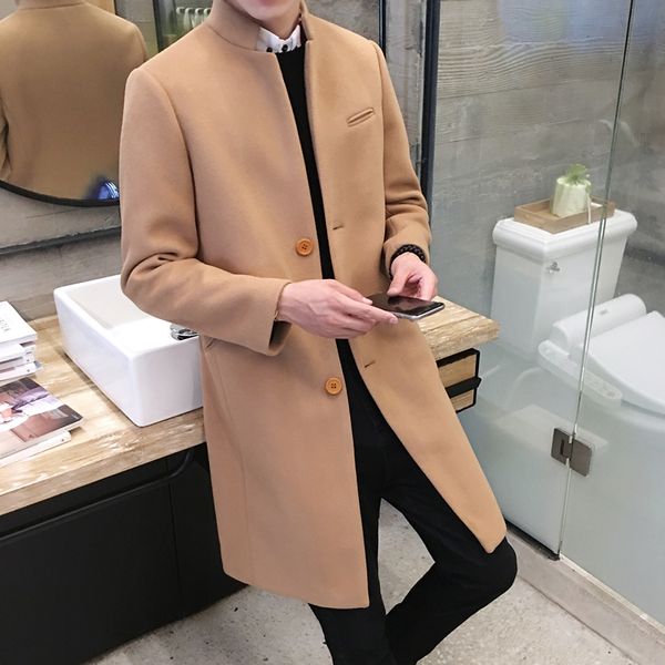 

2018 autumn and winter new mens fashion boutique woolen cloth business station collar windbreaker coat / male slim casual jacket, Tan;black