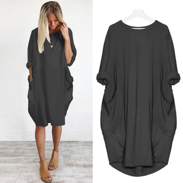 

summer dress 2019 womens pocket loose dress ladies crew neck casual vintage long plus size vestidos mujer, Black;gray