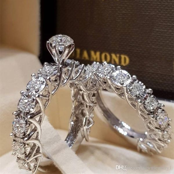 

fashion 925 sterling silver jewelry classic round diamond six-prong wedding ring set glamour bride full diamond engagement ring size 5-12, Golden;silver