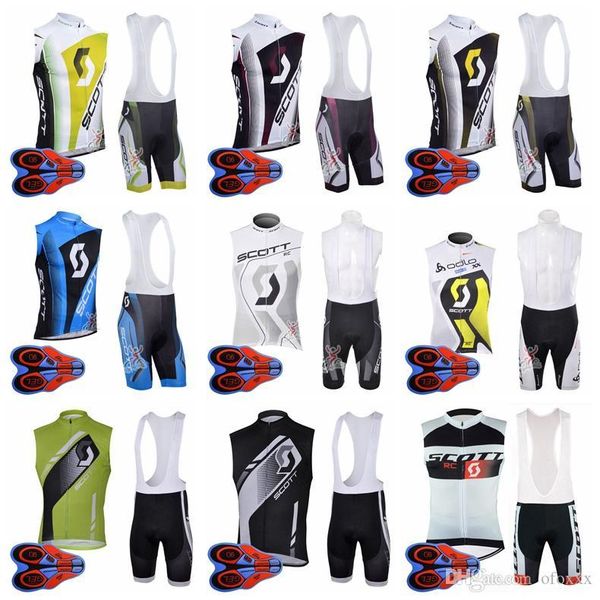 

scott team custom made cycling sleeveless jersey vest bib shorts sets men fashion summer sleeveless bib shorts sports jersey sets s8271, Black;blue