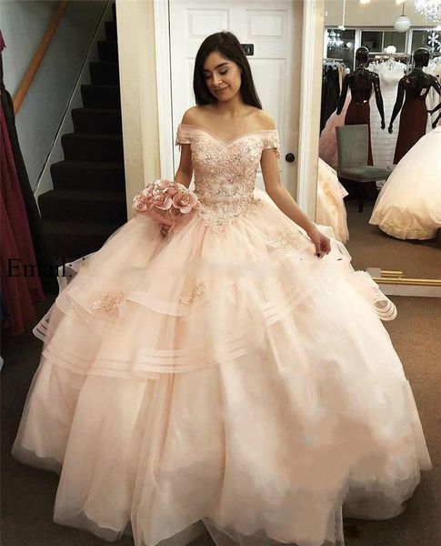 

Роскошные бальные платья из бисера Платья Quinceanera 2019 с плеча оборками Bling Кружева Sw