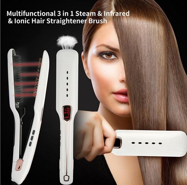 multifuncional 3 em um vapor infravermelho iónico cabelo alisador de spray de cabelo ferramenta pente iões negativos linear eléctrico escova perm cerâmica