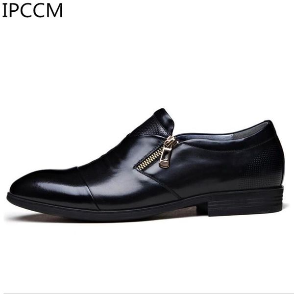 

2019 new business dress shoes spring and autumn zipper fashion practical deodorant round head soft bottom men wedding shoes, Black
