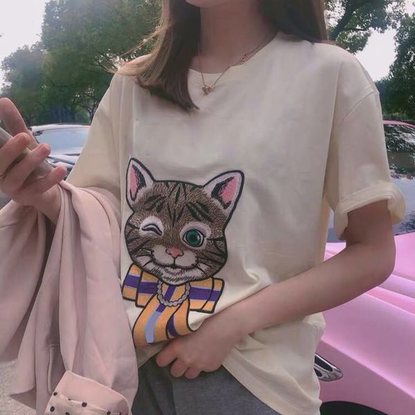 

20ss made in italy cute cartoon cat embroidery tee men women couples t-shirt summer short sleeves street skateboard tee, White;black