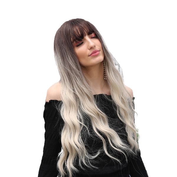 

26'' graceful women long curly wavy ombre wigs with bangs for daily cosplay, Black