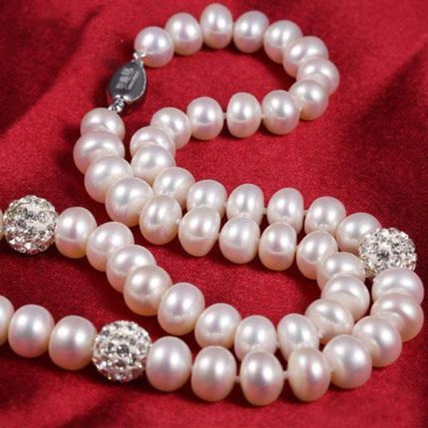 

pearl necklace 925 sterling silver plated jewelry for women 8~9mm crystal ball natural freshwater pearls pearl charm statement jewelry