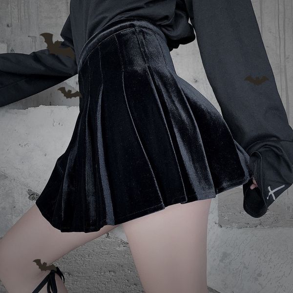 

japanese dark velvet skirt women gothic punk high wasit pleated skirt jk harajuku streetwear grunge fashion black skirt female