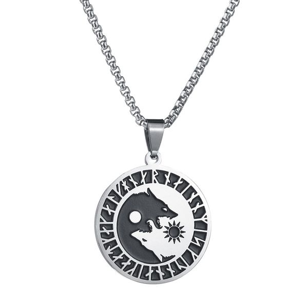 

new nordic style viking words round necklace pendant for men boy yin yang wolf moon sun chain necklaces jewelry 20inch, Silver