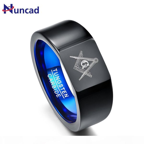 

nuncad retro big head style tungsten carbide rings vacuum plating black with blue rings laser masonic sign tungsten ring t076r, Golden;silver