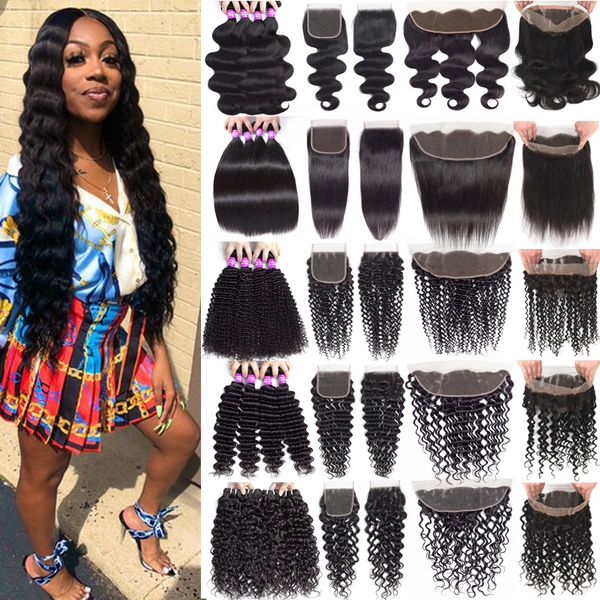 

peruvian virgin hair bundles with 13x4 lace frontal deep wave curly hair bundles weft with closure human hair weave with 360 lace frontal, Black;brown