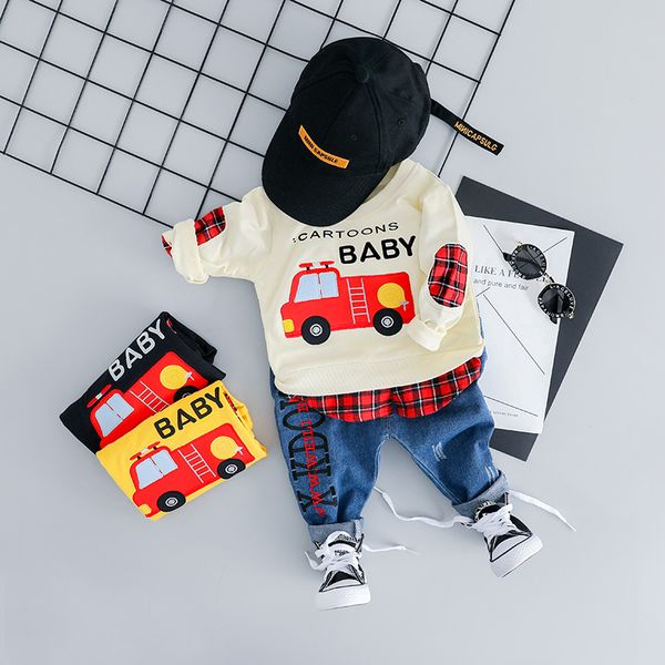 

2019 toddler infant clothing sets baby girls boys clothes suit cartoon car t shirt jeans kids children costume spring boys sets, White