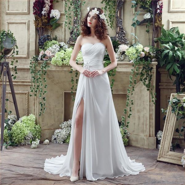 

2020 new sleeveless elegant split side chiffon bridal gown in stock long a line sweetheart wedding dresses vestidos de noiva, White