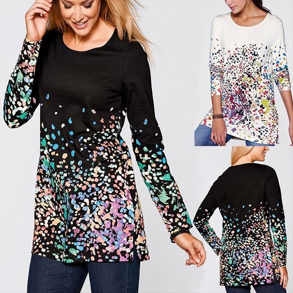 

women's large size gradient printing long sleeve round collar women's large size gradient printing long sleeve t-shirt dress round, White