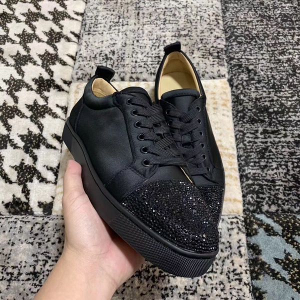

Perfect Designer Black Silk With Strass Red Bottom Sneakers Shoes Dress Party Famous Brand Rhinestone Casual Walking With Original Box