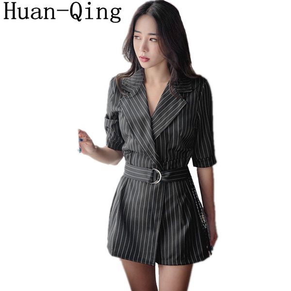 

business black playsuits summer womens vintage striped half sleeve slim short jumpsuits office lady blazer collar bodysuits, Black;white