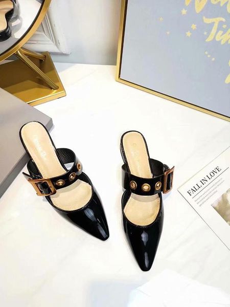 

pointed tip sandals flat soles handmade fairy wind one word buckle lady baotou semi slippers summer, Black