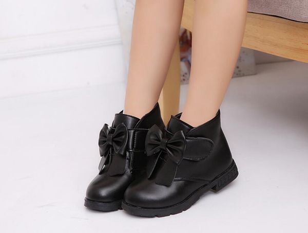 

2019 new girls winter leather princess shoes kinder warm ankle boots fashion kids boots bow-knot snow, Black;grey