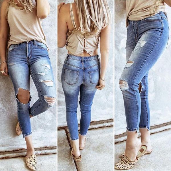 

women summer denim jeans female pant slim stretch plus size ripped hole jeans blue skinny pencil pants