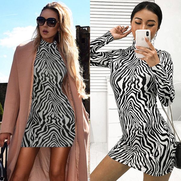 

women spring zebra pattern long sleeve turtleneck bodycon dresses ladies autumn club evening party mini dress, Black;gray