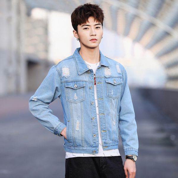 

men's wear 2019 new style trend with holes printed letter casual denim jacket korean-style men's slim fit jeans coat, Black;brown
