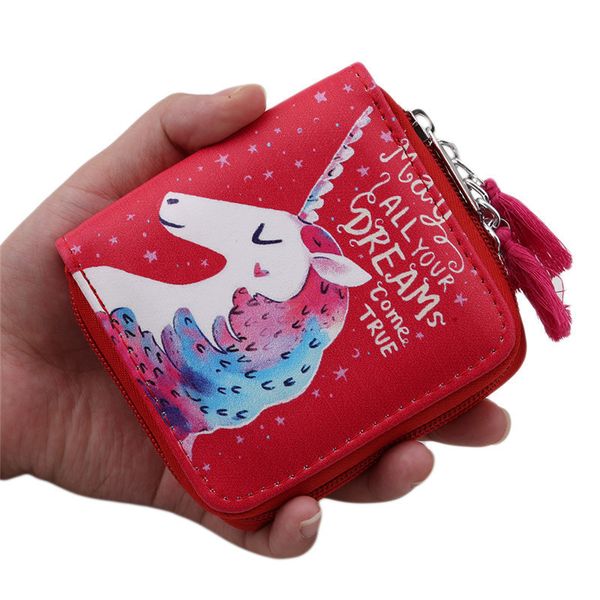 

women pu leather short wallet brand unicorn printed zip wallet coin card holder phone card female clutch, Red;black