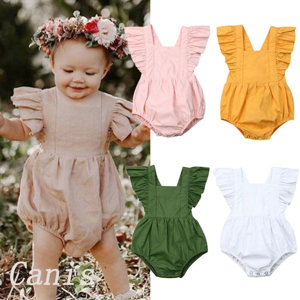 

newborn baby girl boys cute bodysuits ruffle short sleeve solid jumpsuit overall clothes summer 0-24m, White