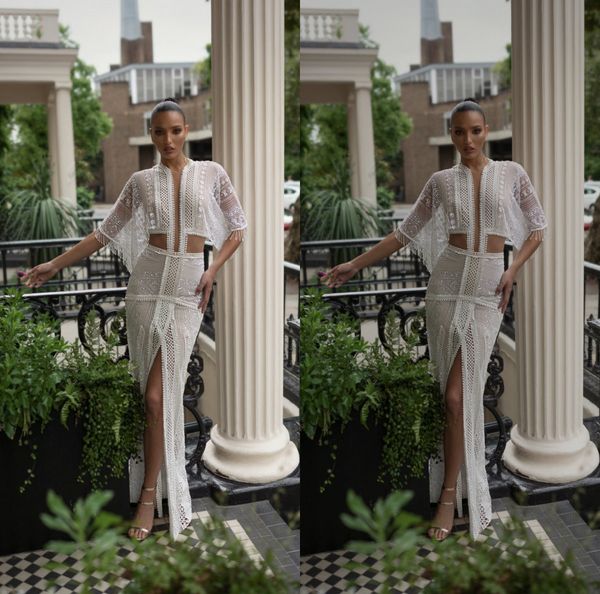 

bohemian charchy mermaid wedding dresses short sleeve v neck tulle lace crystal applique princess gown floor length split bridal gowns, White