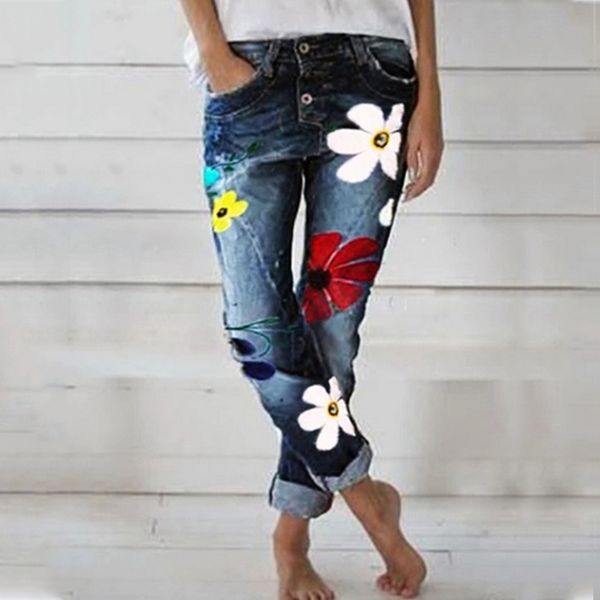 

2019 autumn trendy women denim pant floral printed jeans trouser femme high waist pocket pant fit straight leg jogger jeans, Blue