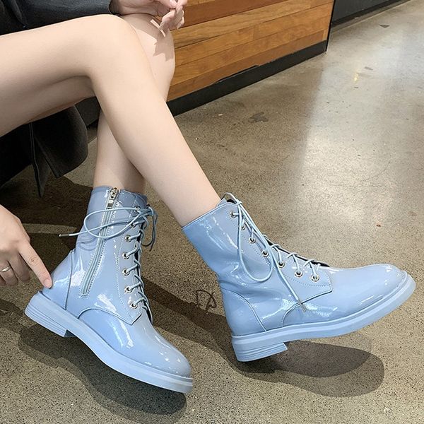 

2019 new winter motorcycle boots women's side zip ankle bare boots round toe black patent leather casual short tube booties