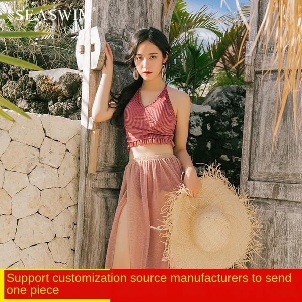 

d7ono split female ins style backless bikini fairy fan dress swim bikini swimsuit conservative three-piece suit belly-covering slim dre, White;black