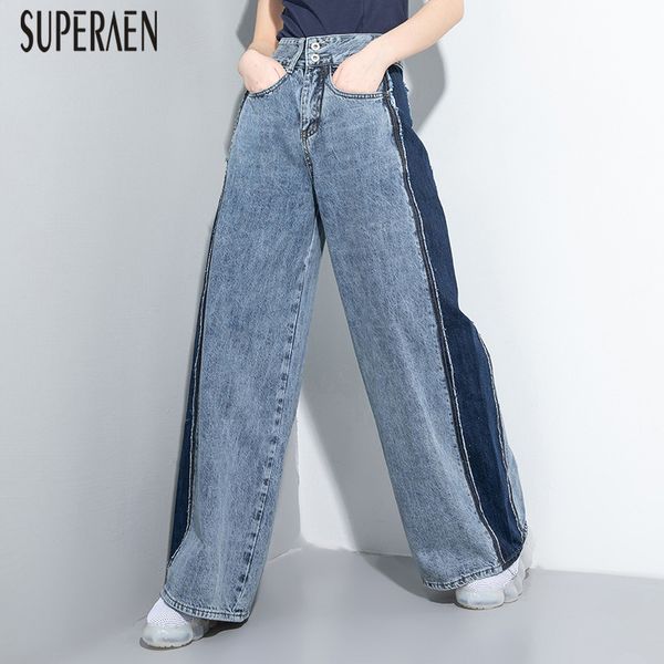 

superaen 2020 летняя новая мода джинсы женские европа дикие повседневные женские ноги широкие штаны сплошной цвет мода джинсы женские, Blue