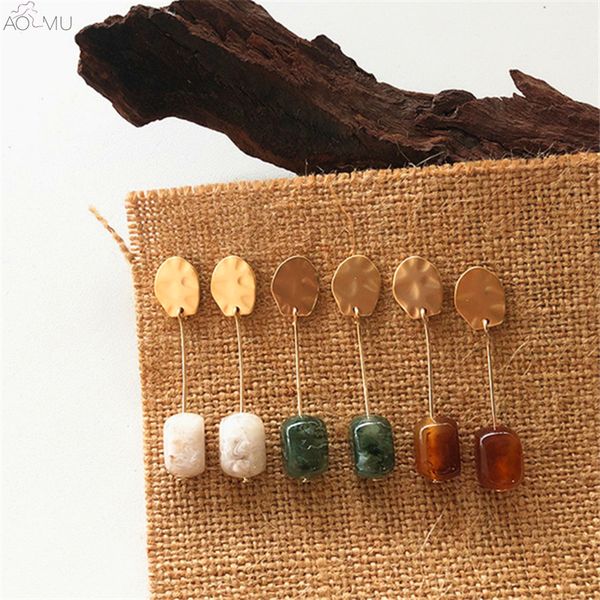 

aomu korean fashion resin geometric rectangle textured metal long drop earrings for women gift party jewelry boucle d'oreille, Silver