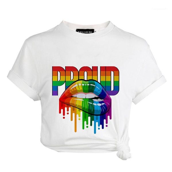 

мода повседневная леди топ личность радужные цвета рот печати женщина лето футболка дизайнер краткое донна тройники, White