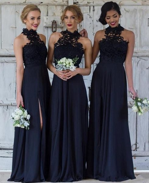 

dark navy bridesmaid dresses halter lace long neck bridesmaids dresses chiffon split front floor length formal party evening dresses, White;pink