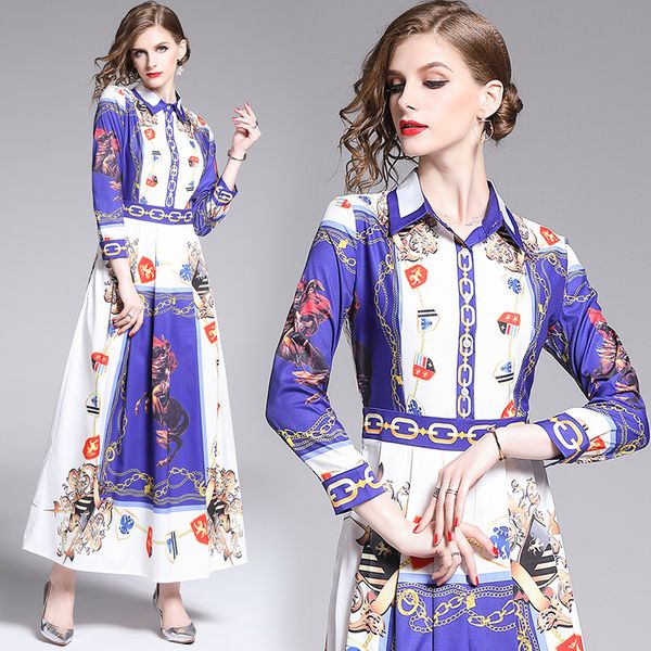 

new stunning women's court-style printed dress elegant button front lapel neck office lady slim runway party evening maxi dresses, Black;gray