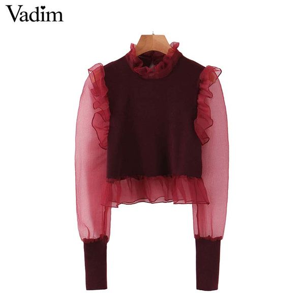 

vadim women retro organza patchwork blouses see through long sleeve shirts office wear stylish ruffles short blusas lb681, White